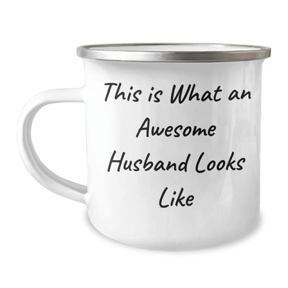 Funny Husband Gifts: 'This Is What An Awesome Husband Looks Like' Camping Mug, 12 oz Stainless Steel with Enamel Finish, Gifts from Men to Husband on Father's Day - The Buy Boom