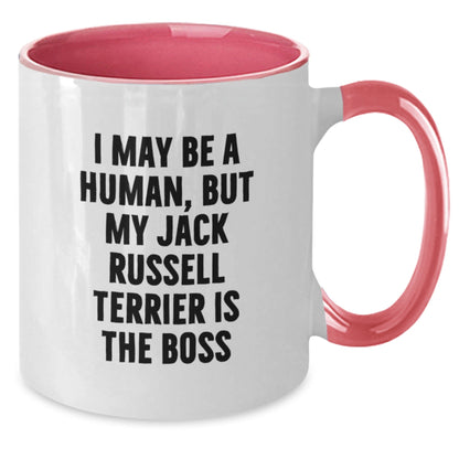 Funny Jack Russell Terrier Dog Gifts from Friends for Birthday - I May Be A Human, But My Jack Russell Terrier Is The Boss Two Tone Coffee Mug - The Buy Boom