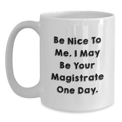 Funny Magistrate Gifts for Men - White Coffee Mug with Quote 'Be Nice To Me. I May Be Your Magistrate One Day.' - Gifts from Friends, Coworkers, or Family for Birthday - The Buy Boom