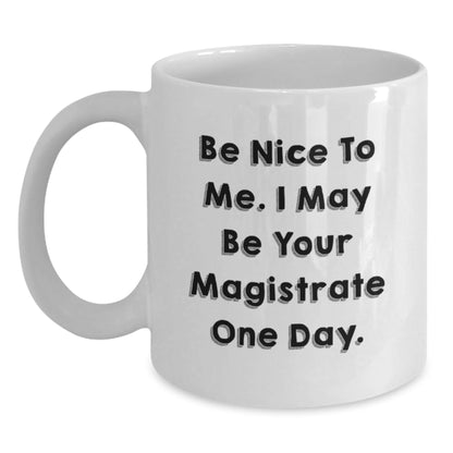 Funny Magistrate Gifts for Men - White Coffee Mug with Quote 'Be Nice To Me. I May Be Your Magistrate One Day.' - Gifts from Friends, Coworkers, or Family for Birthday - The Buy Boom