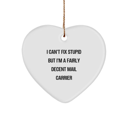 Funny Mail Carrier Gifts from Men, Christmas Unique Heart Ornament for Mail Carrier, Inspirational Quote 'I Can't Fix Stupid But I'm A Fairly Decent Mail Carrier' - The Buy Boom