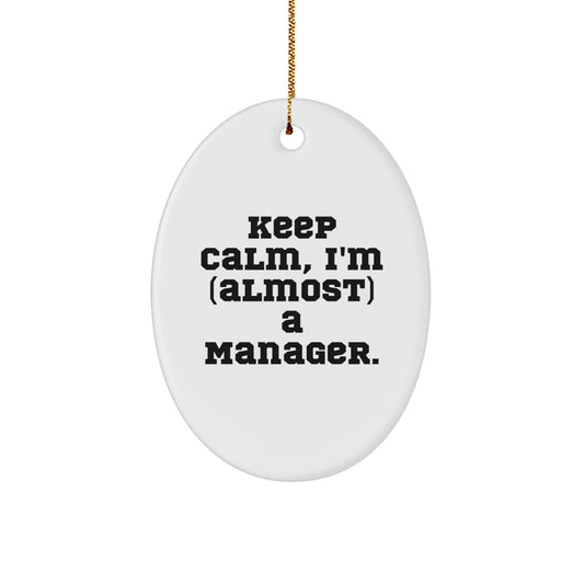 Funny Manager Gifts from Friends, Unique Oval Ornament for Christmas 'Keep Calm, I'm (almost) A Manager.' - The Buy Boom