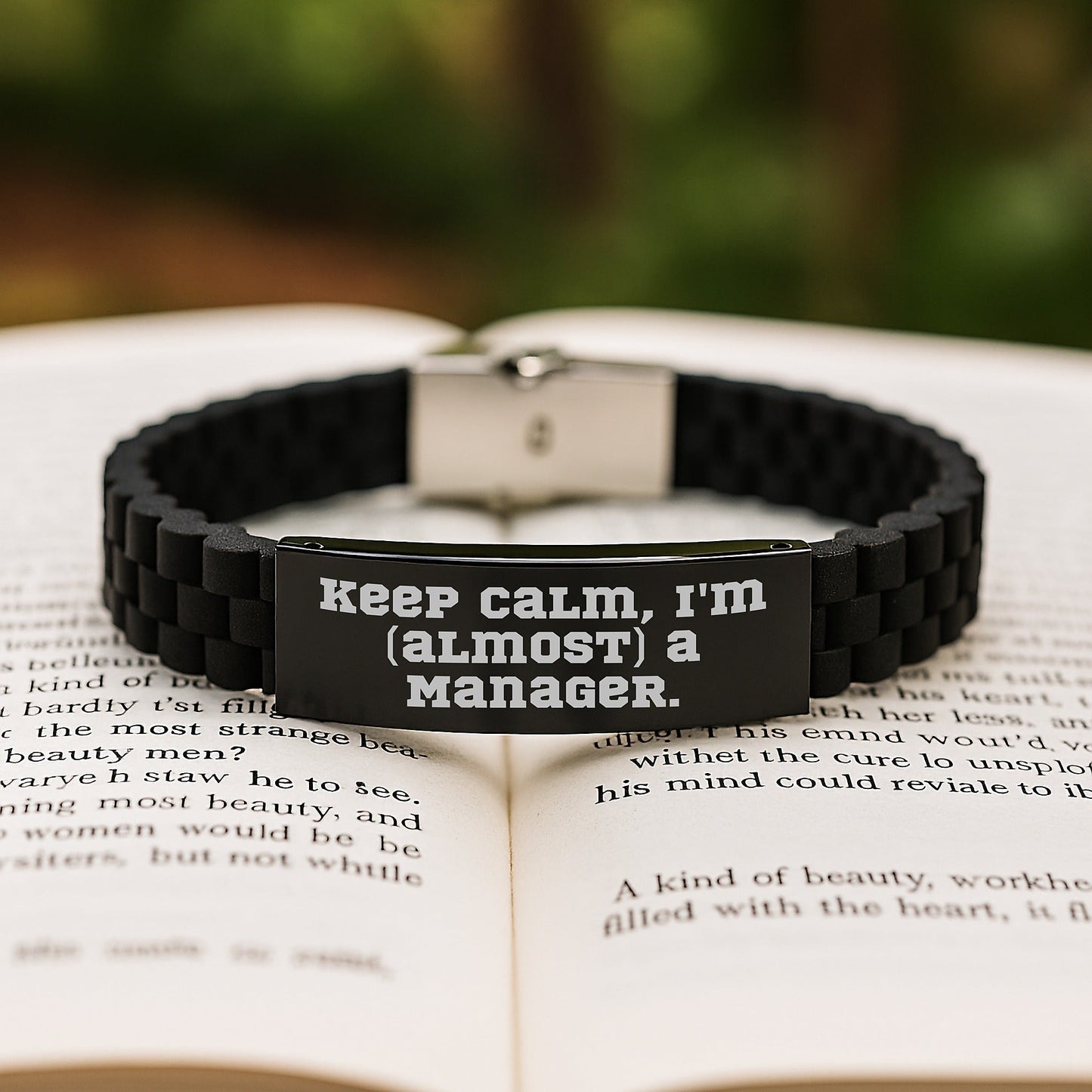Funny Manager Gifts, 'Keep Calm, I'm (almost) A Manager.' Glide lock Clasp Black Stainless Steel Silicone Adjustable Premium Bag, Graduation Unique Gifts for Men Women Friends Coworkers Family - The Buy Boom