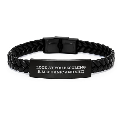 Funny Mechanic Interlaced Leather Bracelet Gifts for Men, Men's Christmas Unique Ideas from Friends, 'Look At You Becoming A Mechanic And Shit' Style, Stainless Steel and PU Leather - The Buy Boom