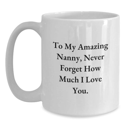Funny Nanny Gifts from Men to Amazing Nannies, Inspirational White Coffee Mug for Birthday Celebrations, 'To My Amazing Nanny, Never Forget How Much I Love You.' Quote - The Buy Boom