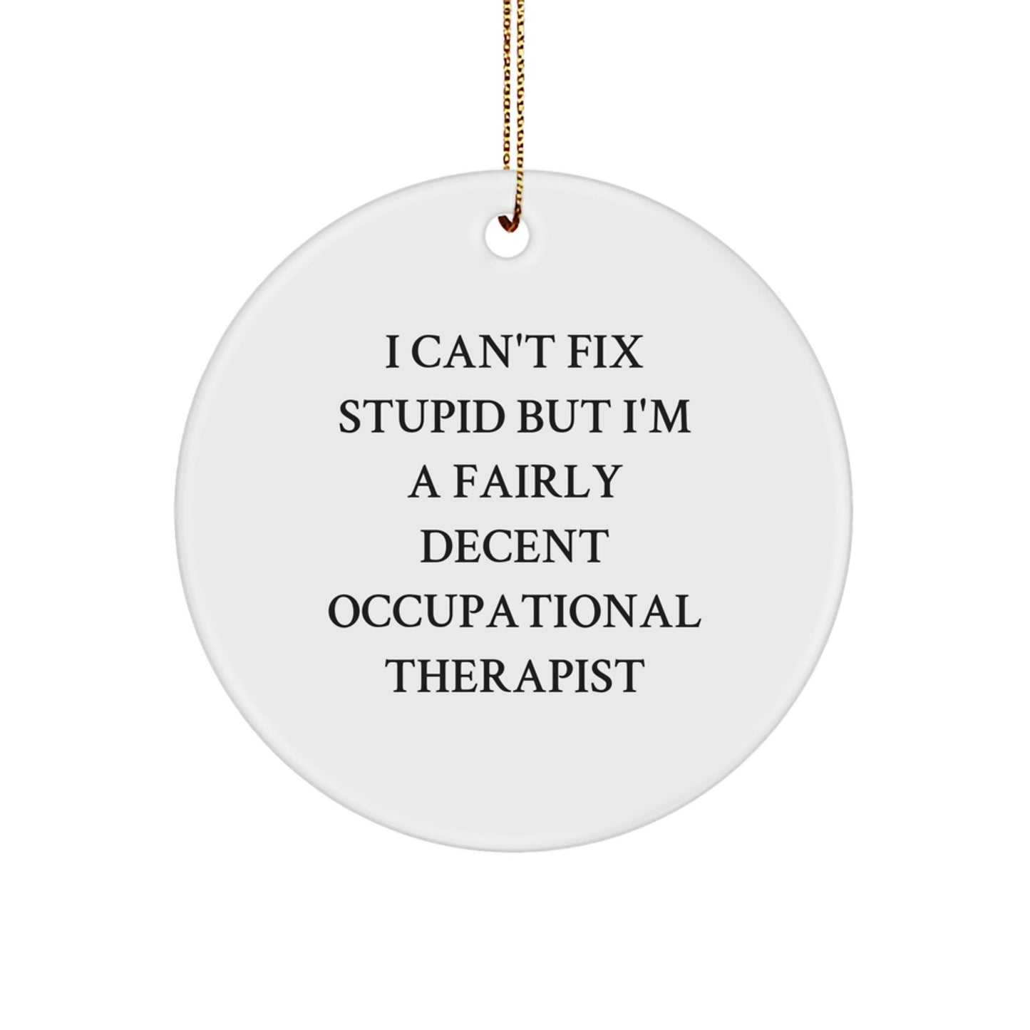 Funny Occupational Therapist Christmas Unique Gifts from Friends for Men, Women, and Coworkers - 'I Can't Fix Stupid But I'm A Fairly Decent Occupational Therapist' Circle Ornament - The Buy Boom