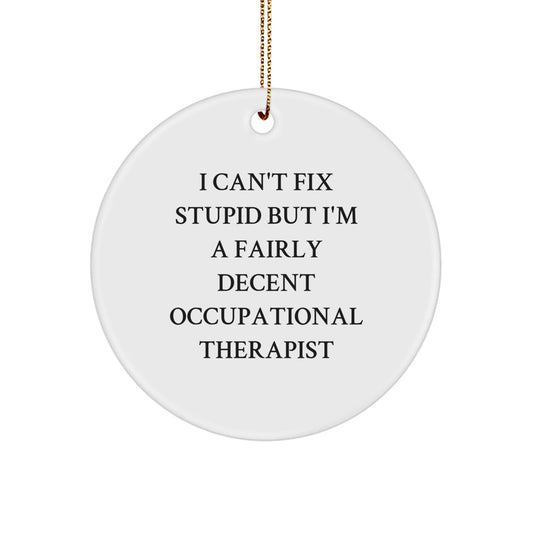 Funny Occupational Therapist Christmas Unique Gifts from Friends for Men, Women, and Coworkers - 'I Can't Fix Stupid But I'm A Fairly Decent Occupational Therapist' Circle Ornament - The Buy Boom