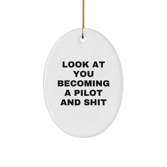 Funny Pilot Oval Ornament Gifts for Men from Friends, Look At You Becoming A Pilot And Shit Christmas Unique Gifts - The Buy Boom