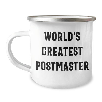 Funny Postmaster Gifts for Men from World's Greatest Postmaster, Camping Mug for Father's Day, Perfect for Outdoor Enthusiasts, 12 oz Stainless Steel with Enamel Finish - The Buy Boom