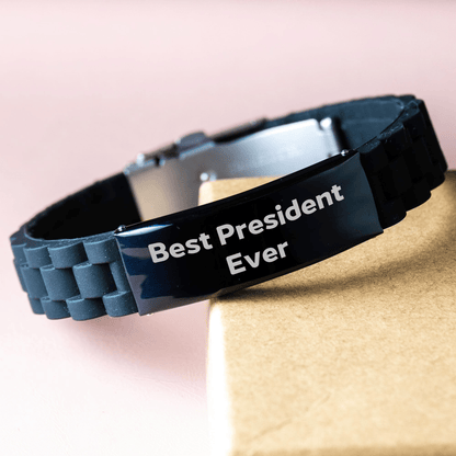 Funny President Gifts - Best President Ever Quote Glide lock Clasp Bracelet for President, Men, or Friends - Adjustable Black Silver Stainless Steel Silicone, Father's Day Unique Gift - The Buy Boom