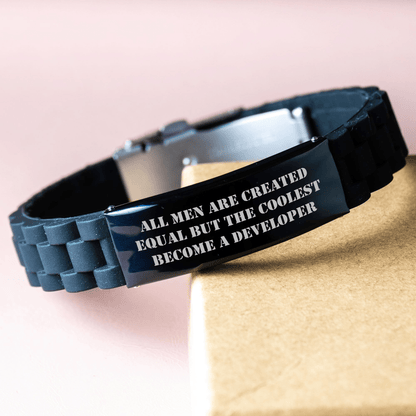 Funny Quote Developer Gifts - Glide lock Clasp Bracelet for Men, Black Stainless Steel and Silicone, Adjustable, Premium Bag, Gifts from Friends, Unique Father's Day Unique Gifts - The Buy Boom