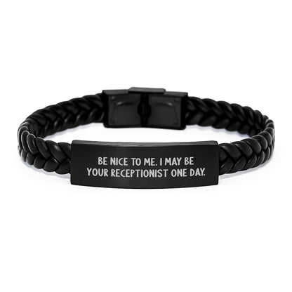 Funny Receptionist Christmas Unique Gifts for Receptionist, Interlaced Leather Bracelet with Stainless Steel and PU Leather, Inspirational Quote 'Be Nice To Me' - Gifts from Friends to Coworkers - The Buy Boom