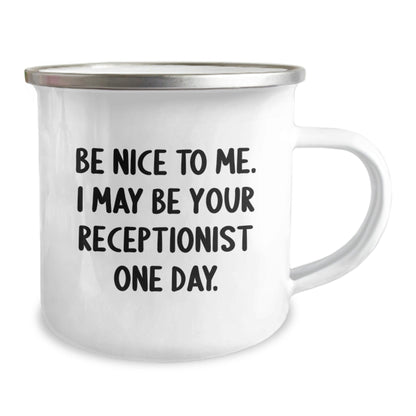 Funny Receptionist Gifts from Friends for Christmas Unique Receptionist Camping Mug - Be Nice To Me - The Buy Boom