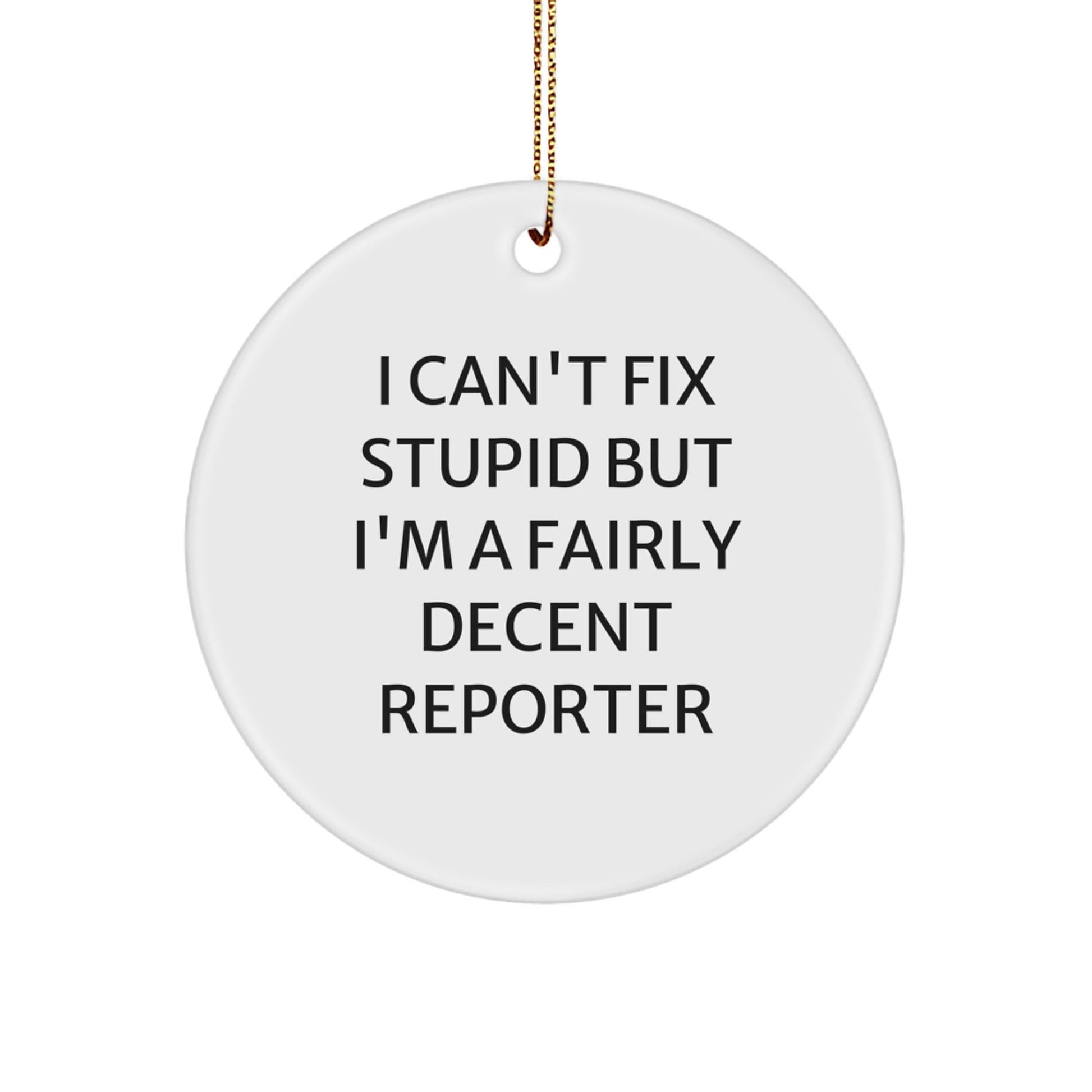 Funny Reporter Gifts from Friends - I Can't Fix Stupid But I'm A Fairly Decent Reporter Circle Ornament for Christmas - The Buy Boom