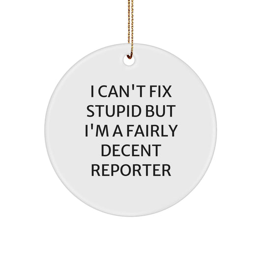 Funny Reporter Gifts from Friends - I Can't Fix Stupid But I'm A Fairly Decent Reporter Circle Ornament for Christmas - The Buy Boom