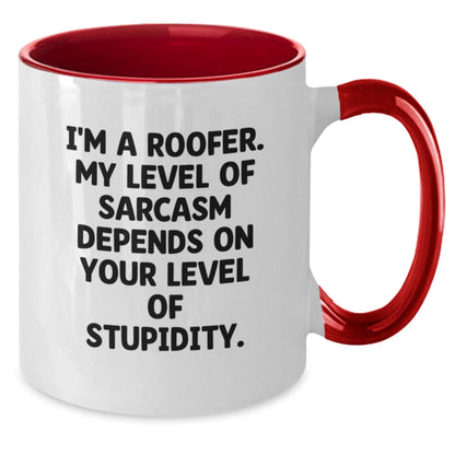 Funny Roofer Gifts from Friends and Family for Christmas Unique Roofer Men and Women, Two Tone Coffee Mug 'I'm A Roofer My Level Of Sarcasm Depends On Your Level Of Stupidity', 11oz Ceramic - The Buy Boom