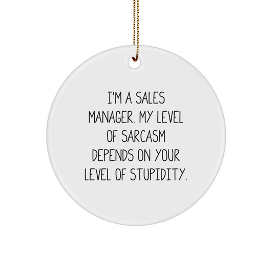 Funny Sales Manager Gifts from Friends - 'I'm A Sales Manager. My Level Of Sarcasm...' Circle Ornament for Christmas - The Buy Boom