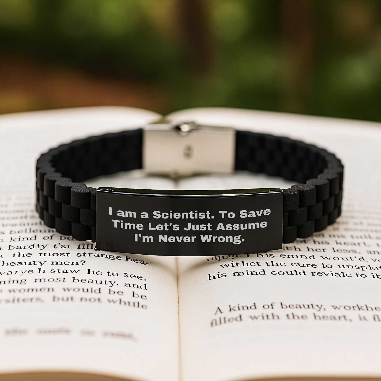 Funny Scientist Humor Gifts for Men - I'm Never Wrong Glide lock Clasp Bracelet - Black Stainless Steel, Silver, Silicone - Perfect for Christmas Unique Gifts from Friends, Family, Coworkers - The Buy Boom