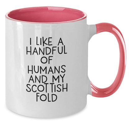 Funny Scottish Fold Cat Lover Gifts from Friends to Family - 'I Like A Handful Of Humans And My Scottish Fold' Two Tone Coffee Mug for Birthday - The Buy Boom