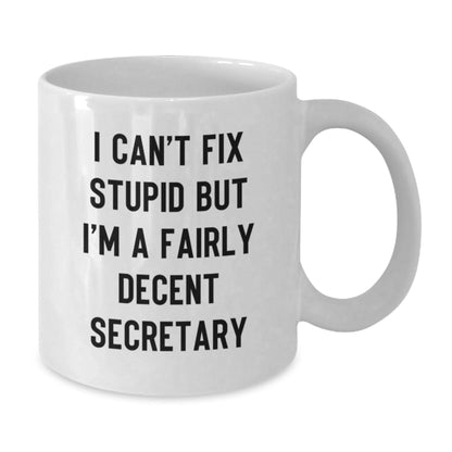 Funny Secretary Christmas Unique Gifts from Friends, White Coffee Mug for Secretary - I Can't Fix Stupid But I'm A Fairly Decent Secretary, Office Secretary Mug - The Buy Boom