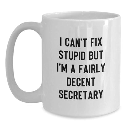 Funny Secretary Christmas Unique Gifts from Friends, White Coffee Mug for Secretary - I Can't Fix Stupid But I'm A Fairly Decent Secretary, Office Secretary Mug - The Buy Boom