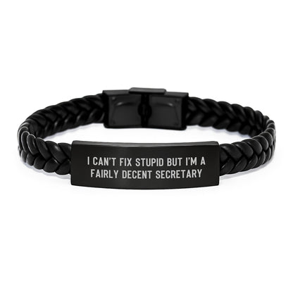 Funny Secretary Gift for Men - 'I Can't Fix Stupid' Interlaced Leather Bracelet, Christmas Unique Presents for Secretary by Friends, Family - Stainless Steel PU Leather - The Buy Boom