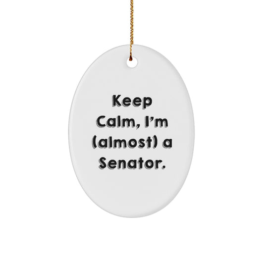 Funny Senator Gifts, Keep Calm, I'm (almost) A Senator! Oval Ornament, White, 3.25' Tall, Christmas Unique Gifts from Friends, Family, or Coworkers - The Buy Boom