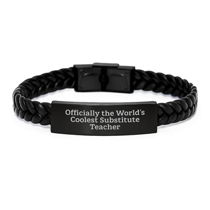 Funny Substitute Teacher Gifts from Friends - 'Officially The World's Coolest Substitute Teacher' Interlaced Leather Bracelet for Men or Women - Graduation Unique Gifts - The Buy Boom