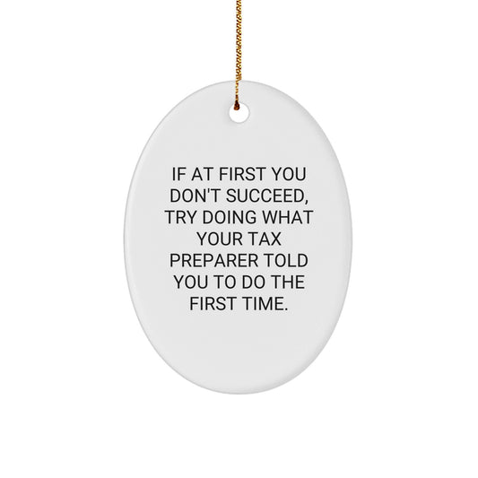 Funny Tax Preparer Gift, Oval Ornament with 'If At First You Don't Succeed, Try Doing What Your Tax Preparer Told You To Do The First Time' Quote, Gifts from Friends and Family for Christmas - The Buy Boom