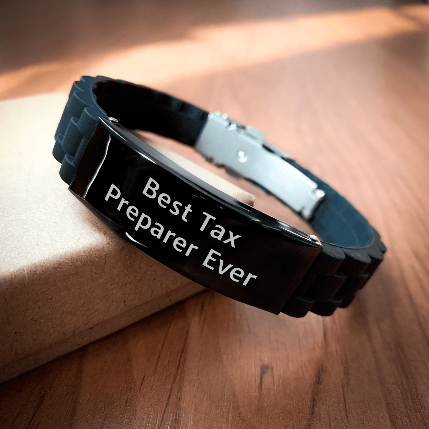 Funny Tax Preparer Gifts from Friends - 'Best Tax Preparer Ever' Glide lock Clasp Bracelet for Graduation Party, Adjustable Silicone Black Stainless Steel Men's Women's Gift - The Buy Boom