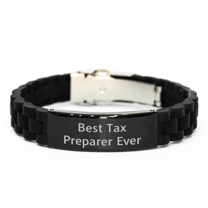 Funny Tax Preparer Gifts from Friends - 'Best Tax Preparer Ever' Glide lock Clasp Bracelet for Graduation Party, Adjustable Silicone Black Stainless Steel Men's Women's Gift - The Buy Boom