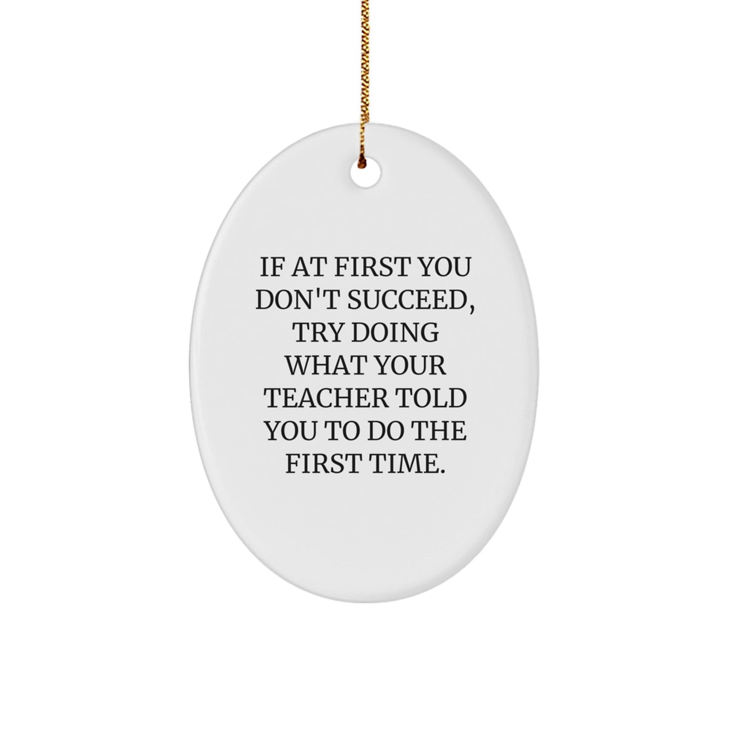 Funny Teacher Gifts from Men for Christmas - Oval Ornament with 'If At First You Don't Succeed, Try Doing What Your Teacher Told You To Do The First Time' Quote - The Buy Boom