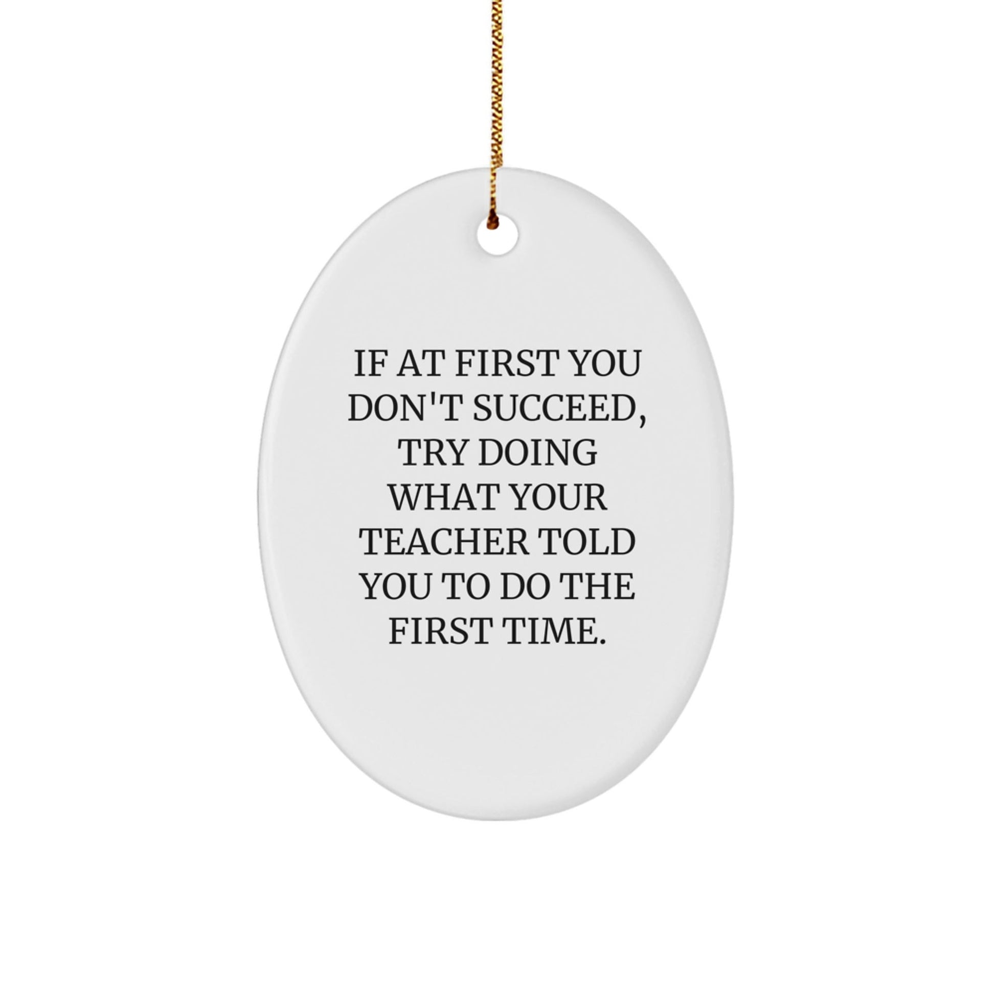 Funny Teacher Gifts from Men for Christmas - Oval Ornament with 'If At First You Don't Succeed, Try Doing What Your Teacher Told You To Do The First Time' Quote - The Buy Boom