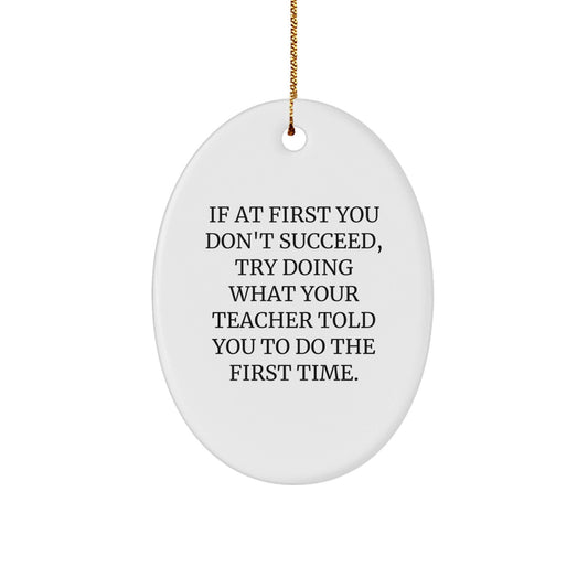 Funny Teacher Gifts from Men for Christmas - Oval Ornament with 'If At First You Don't Succeed, Try Doing What Your Teacher Told You To Do The First Time' Quote - The Buy Boom