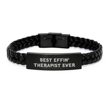Funny Therapist Gifts for Men - Best Effin' Therapist Ever Interlaced Leather Bracelet, Unique Christmas Memorable Presents for Therapist Friends Coworkers - The Buy Boom