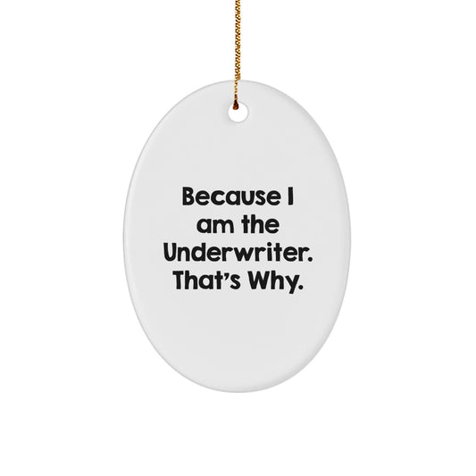 Funny Underwriter Oval Ornament Gifts from Men to Underwriter Friends, Oval Shaped White Christmas Unique Gifts, Quote: 'Because I Am The Underwriter. That's Why.' - The Buy Boom