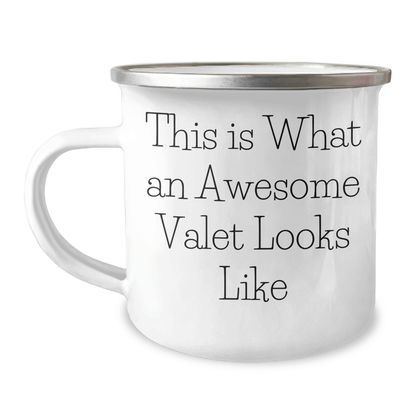 Funny Valet Gifts from Men to Awesome Valets on Father's Day - This Is What An Awesome Valet Looks Like, Camping Mug, 12 oz Stainless Steel Enamel Finish - The Buy Boom