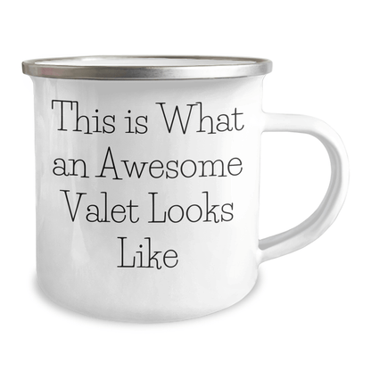 Funny Valet Gifts from Men to Awesome Valets on Father's Day - This Is What An Awesome Valet Looks Like, Camping Mug, 12 oz Stainless Steel Enamel Finish - The Buy Boom