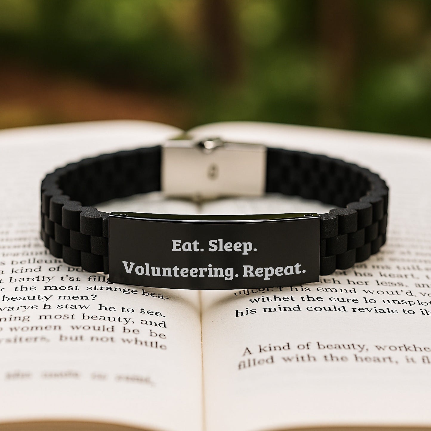 Funny Volunteering Gifts for Her, Eat. Sleep. Volunteering. Repeat. Glide lock Clasp Black Stainless Steel Adjustable Bracelet, Gifts from Friends for Women, Unique Graduation Gifts - The Buy Boom