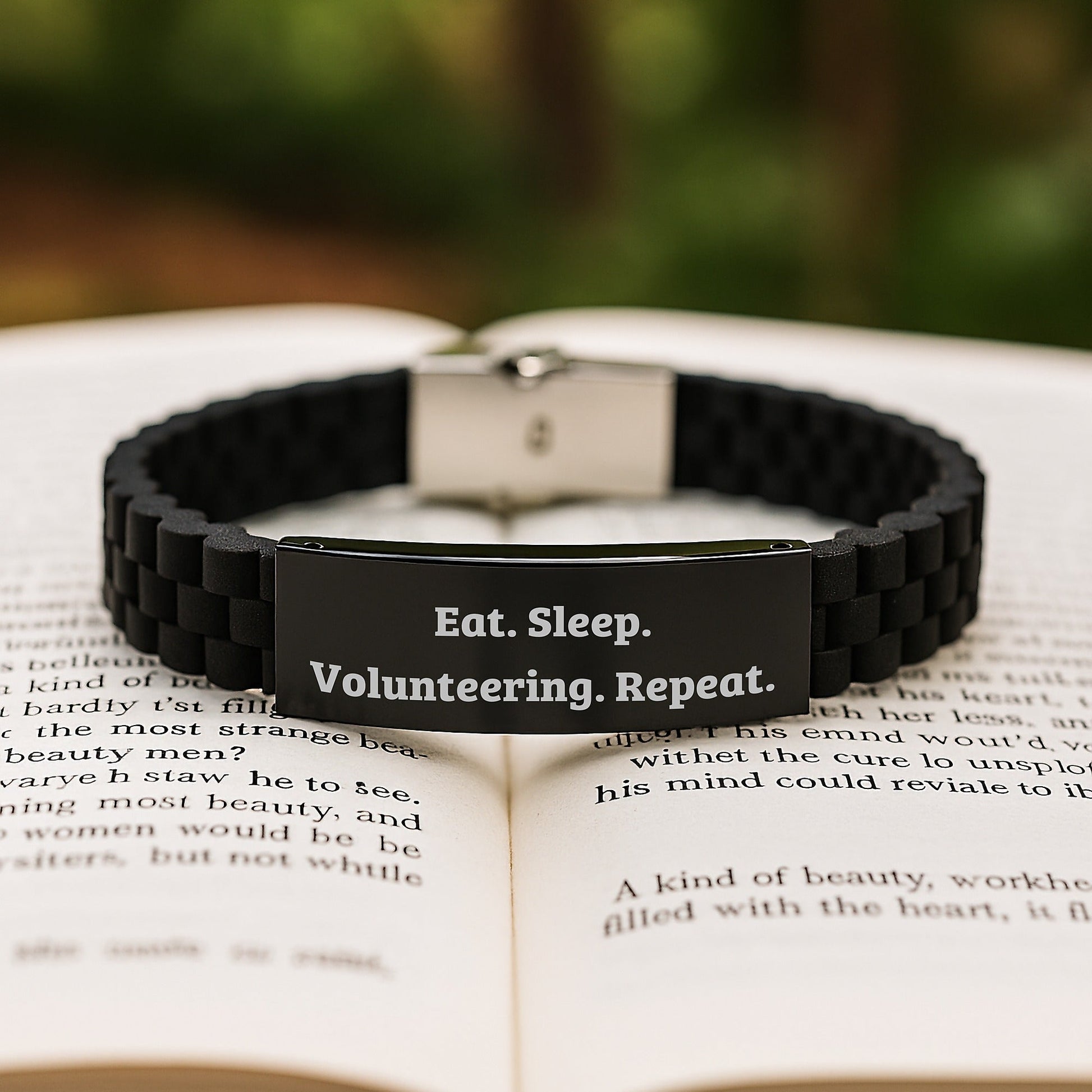 Funny Volunteering Gifts for Her, Eat. Sleep. Volunteering. Repeat. Glide lock Clasp Black Stainless Steel Adjustable Bracelet, Gifts from Friends for Women, Unique Graduation Gifts - The Buy Boom