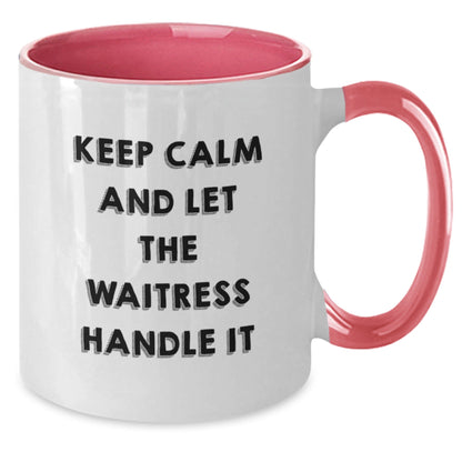 Funny Waitress Gifts, Birthday Unique Gifts from Friends, Keep Calm And Let The Waitress Handle It Two Tone Coffee Mug, 11oz Ceramic Microwave and Dishwasher Safe - The Buy Boom