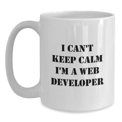 Funny Web Developer Gifts from Friends for Birthday - 'I Can't Keep Calm I'm A Web Developer' White Coffee Mug, 11oz or 15oz Capacity, Ceramic, Microwave and Dishwasher Safe - The Buy Boom