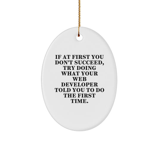 Funny Web Developer Gifts from Friends - Oval Ornament for Men's Christmas Decor - 'If At First You Don't Succeed, Try Doing What Your Web Developer Told You To Do The First Time.' - The Buy Boom