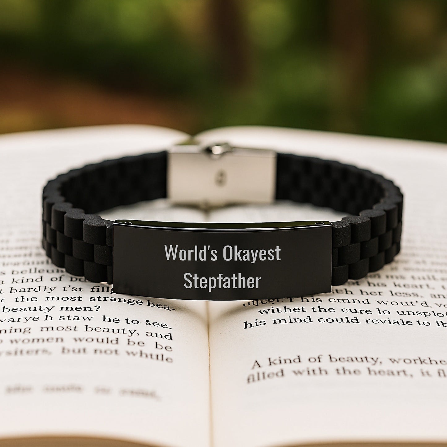 Funny 'World's Okayest Stepfather' Glide lock Clasp Bracelet, Stepfather Gifts from Men to Okayest Stepdad for His Birthday, Adjustable Black Stainless Steel Silicone Jewelry - The Buy Boom