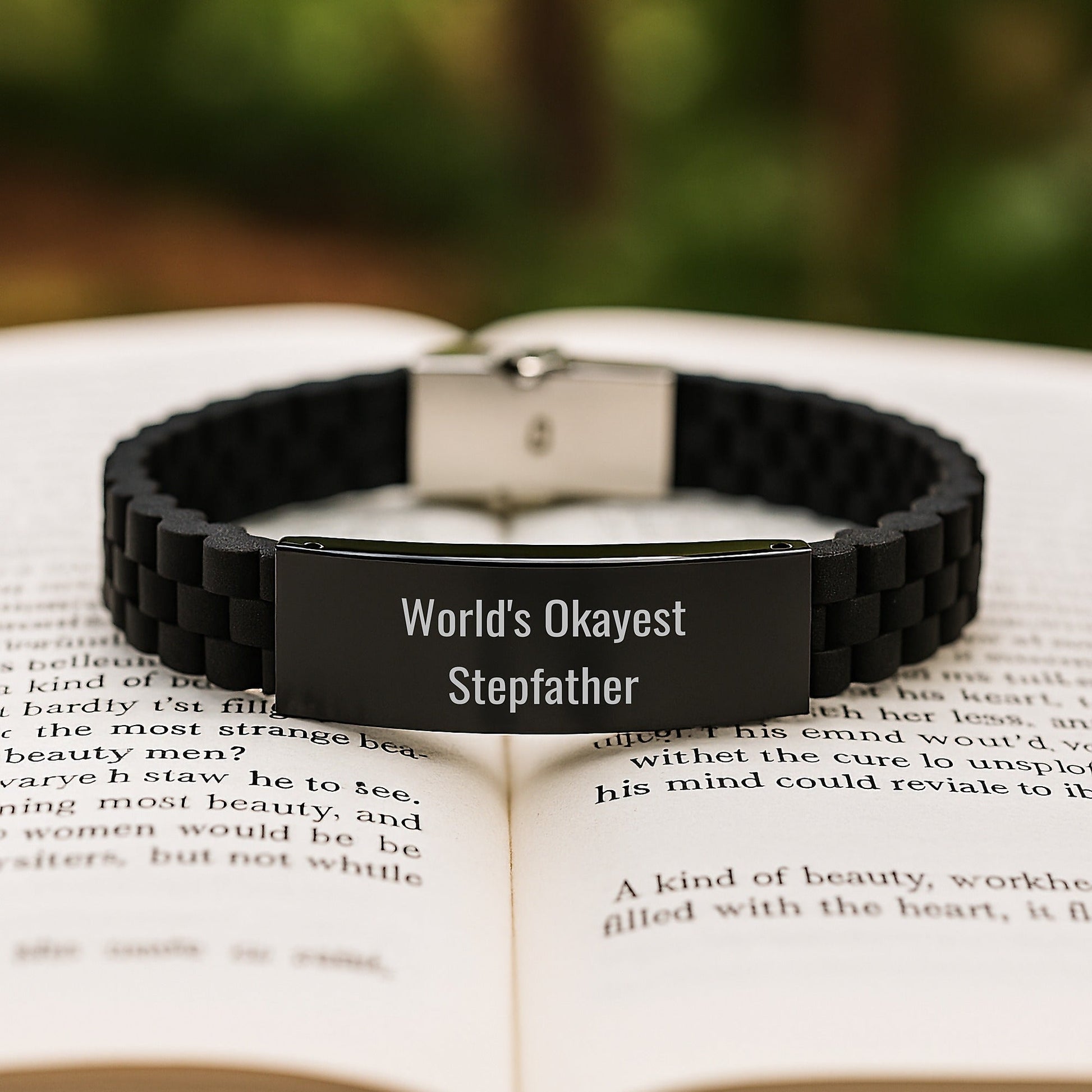 Funny 'World's Okayest Stepfather' Glide lock Clasp Bracelet, Stepfather Gifts from Men to Okayest Stepdad for His Birthday, Adjustable Black Stainless Steel Silicone Jewelry - The Buy Boom
