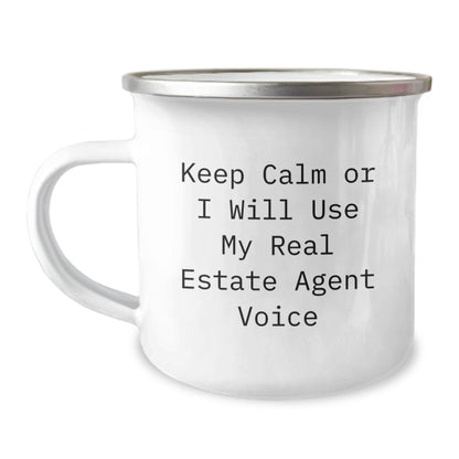 Gifts from Friends and Family for Real Estate Agent Christmas Unique Camping Mugs - 'Keep Calm Or I Will Use My Real Estate Agent Voice' Funny Humorous Mug - The Buy Boom