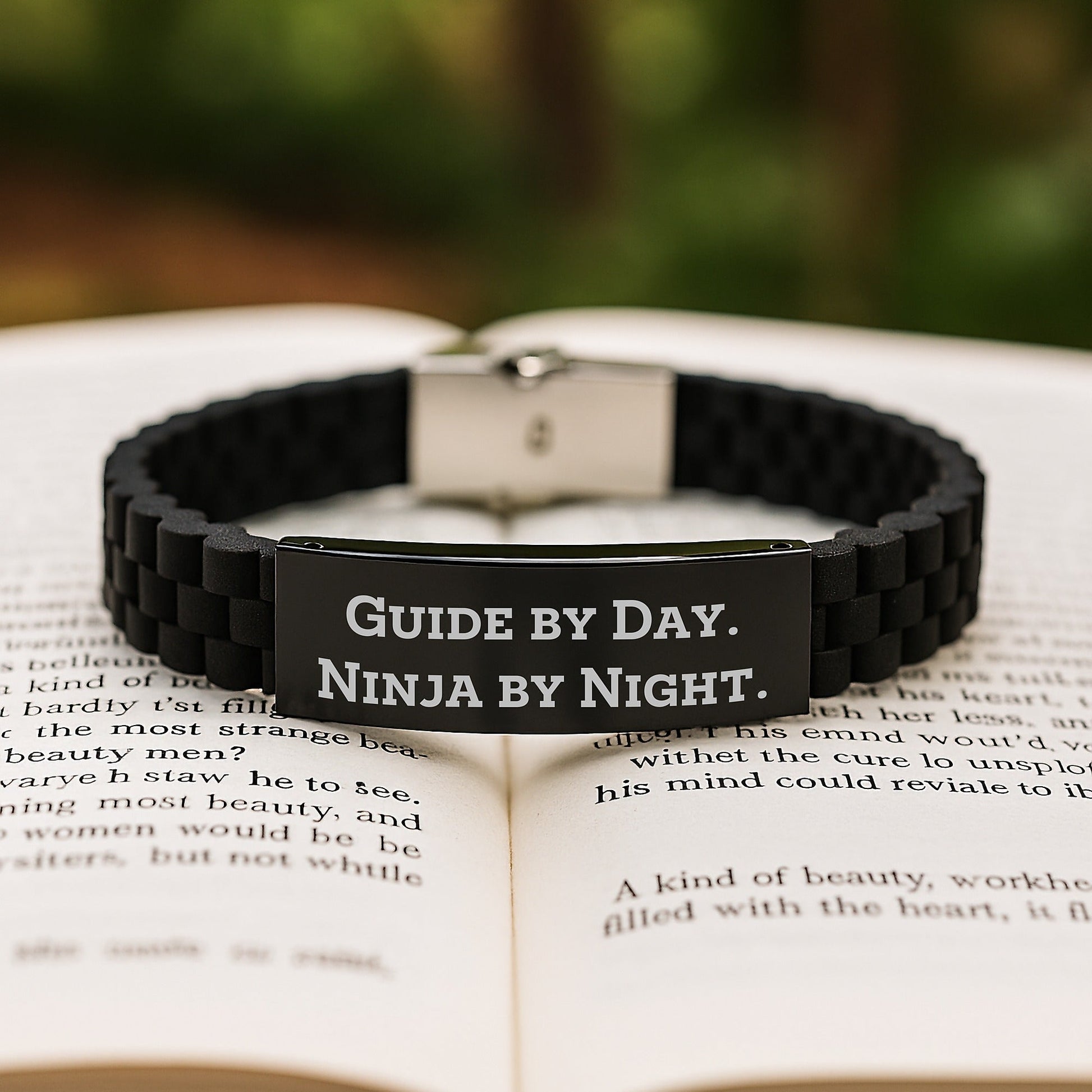 Guide By Day. Ninja By Night. Gifts for Guide Graduation - Glide lock Clasp Black Stainless Steel Silicone Necklace for Men Women Friends Family - The Buy Boom