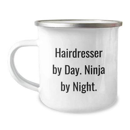 Hairdresser Gifts from Family Friends Coworkers - 'Hairdresser By Day. Ninja By Night.' Funny Graduation Camping Mug 12 oz Stainless Steel with Enamel Finish - The Buy Boom
