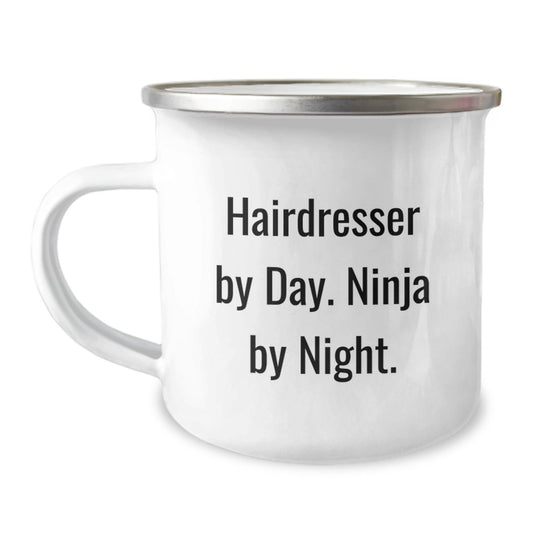Hairdresser Gifts from Family Friends Coworkers - 'Hairdresser By Day. Ninja By Night.' Funny Graduation Camping Mug 12 oz Stainless Steel with Enamel Finish - The Buy Boom