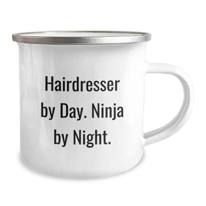 Hairdresser Gifts from Family Friends Coworkers - 'Hairdresser By Day. Ninja By Night.' Funny Graduation Camping Mug 12 oz Stainless Steel with Enamel Finish - The Buy Boom